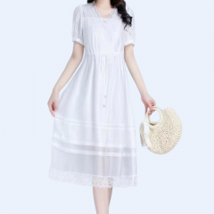 V領短袖束腰連衣裙(白色)