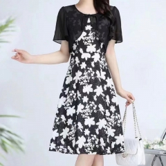 韓式白花紋短袖連衣裙